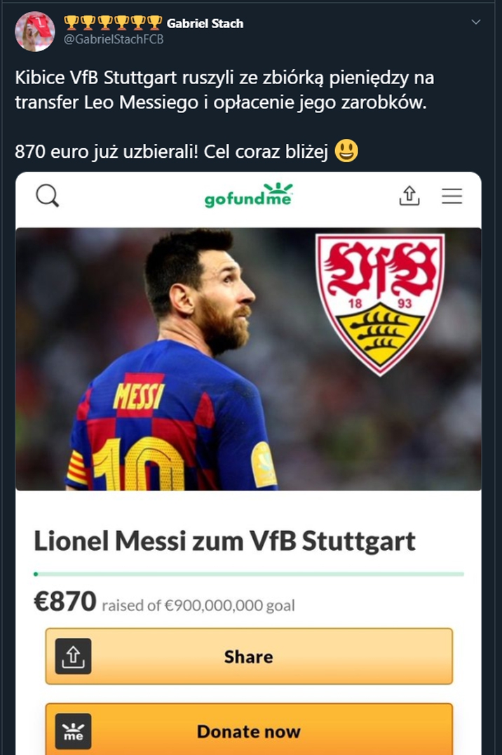 Kibice VfB Stuttgart zbierają na Messiego... :D